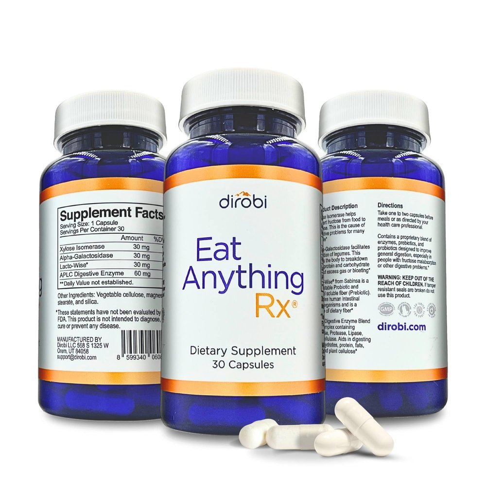 Dirobi Eat Anything Xylose Isomerase Fructose Malabsorption Enzymes, FODMAP Supplement, Digestive Enzymes for Better Lactose, Fat, Protein & Carbohydrate Digestion Gas & Bloating Relief 30 Capsules