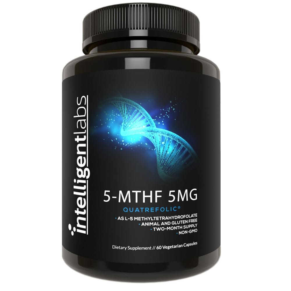 Intelligent Labs 5-MTHF L-5 Methylfolate Supplement Activated Folic Acid Supplement as Quatrefolic - Methyl Folate for MTHFR 60 Capsules - 60 Days Supply, 5mg = 5000mcg Methylfolate