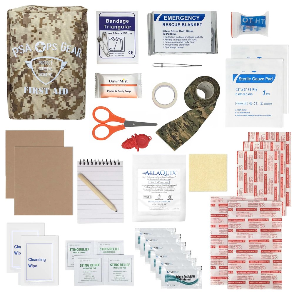 Scout First Aid Kit Plus with AllaQuix Stop Bleeding Gauze  Personal IFAK for Camping, Hiking, Survival  Includes All Required Items for Scouts Requirements  Compact, Lightweight & Reusable