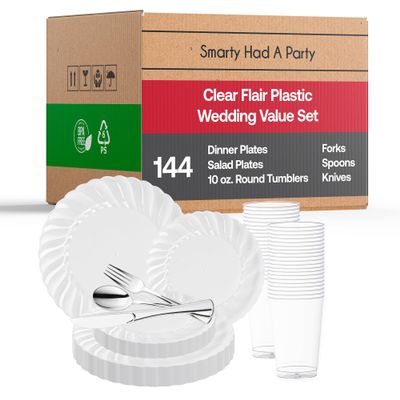 Elegant Disposable Plastic Dinnerware Set for 144 Guests-Flared Clear Dinner Plates, Dessert Salad Plates, Silver Cutlery Set & Cups For All Occasions