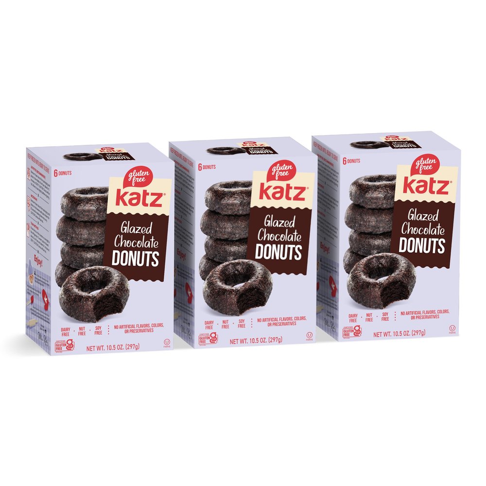 Katz Gluten Free Glazed Chocolate Donuts. Dark Chocolade, Free of Dairy, Soy, Tree Nuts, and Peanuts, Kosher 10.5 oz (3pk)