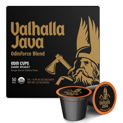 Death Wish Coffee, Valhalla Java Single Serve Pods - Extra Kick of Caffeine - Dark Roast Coffee Pods - Made with USDA Certified Organic Fair Trade Arabica and Robusta Beans (50 Count)