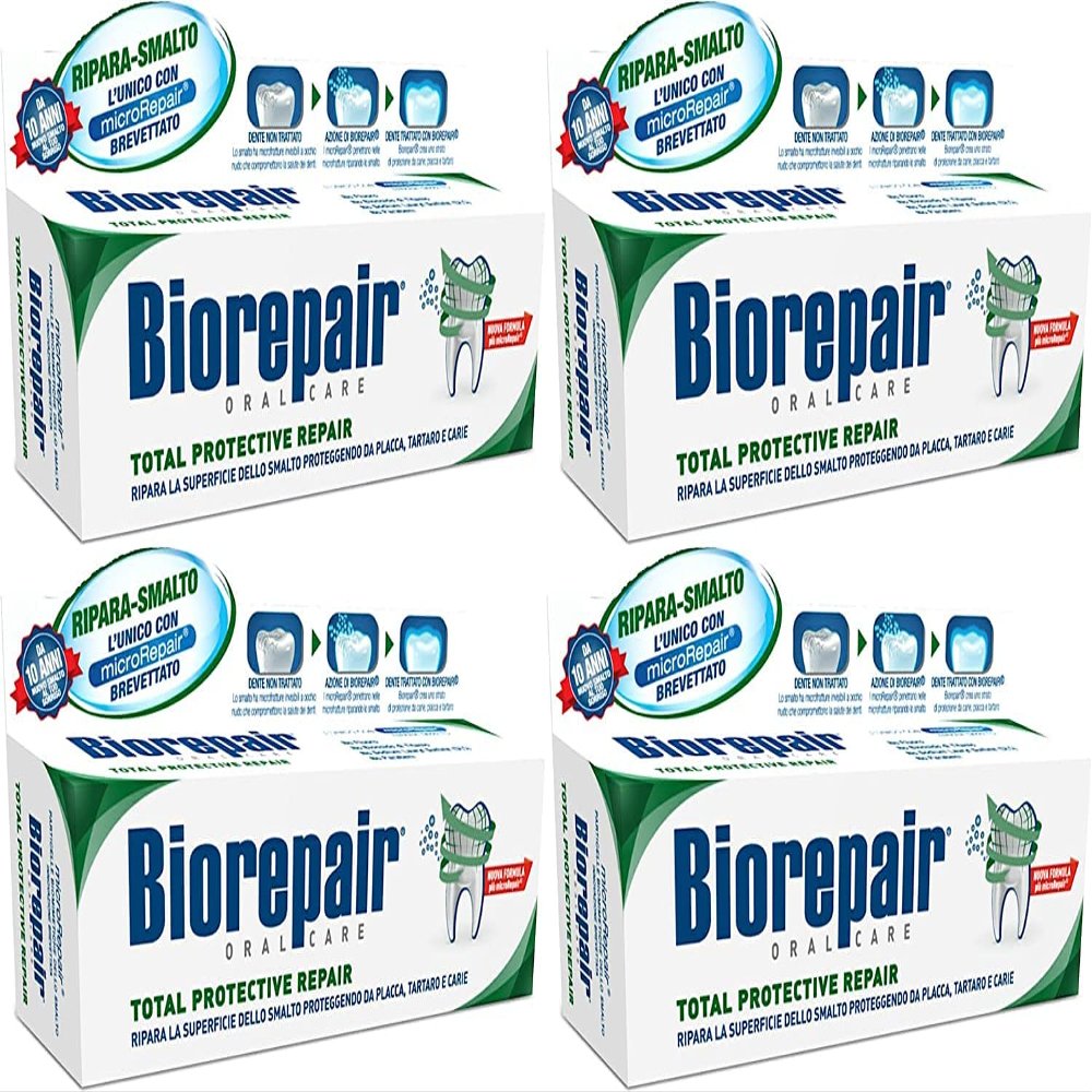 Biorepair: "Total Protective Repair" Toothpaste with microRepair, New Formula - 2.5 Fluid Ounce (75ml) Tubes (Pack of 4) [ Italian Import ]