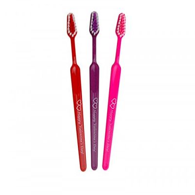 Tess Oral Health Valentine Toothbrush for Child - Fun and Gentle Oral Care for Kids - Shows 2 Hearts and Reads 'Happy Valentine's Day' - Festive Red, Purple and Pink Design - Encourage Healthy Smiles