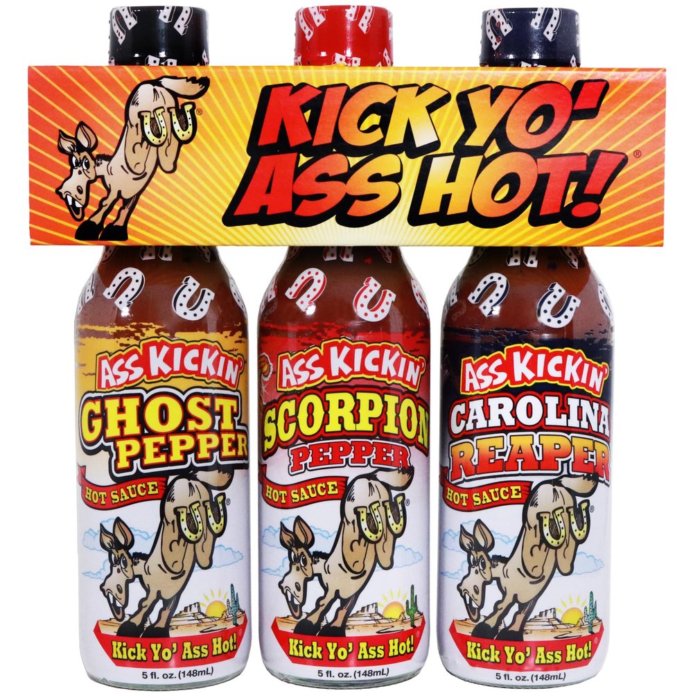 Kick Yo' As Hot Sauce Bottles Gift Set - Ghost Pepper, Scorpion and Carolina Reaper Hot Sauces - Try if you dare! Perfect Stocking Stuffers or Christmas Gifts for the Hot Sauce Fan