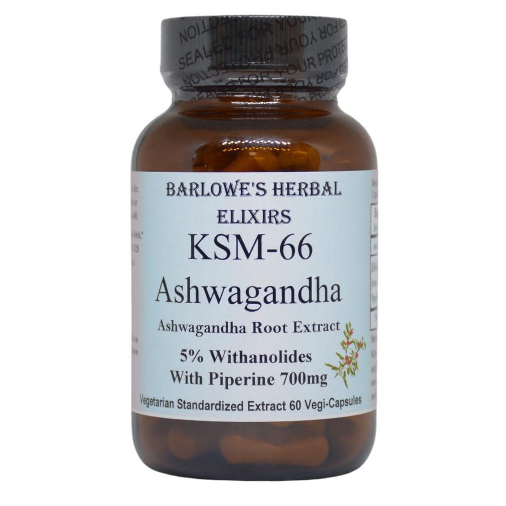 Barlowe's Herbal Elixirs KSM-66 Ashwagandha | Ashwagandha Root Extract | 5% Withanolides | 700mg per Capsule | 60 Veggie Capsules | Stearate Free | Glass Bottle