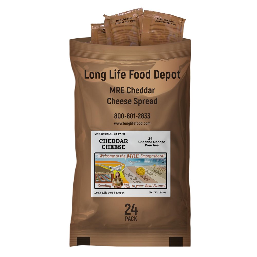 MRE Cheddar Cheese Spread (24-Pack) Long Shelf Life 2024+ Production Dates by Long Life Food Depot Meals Ready to Eat