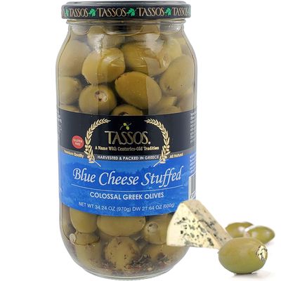 Tassos Blue Cheese Stuffed Colossal Greek Olives Pack In Greece 34.24oz