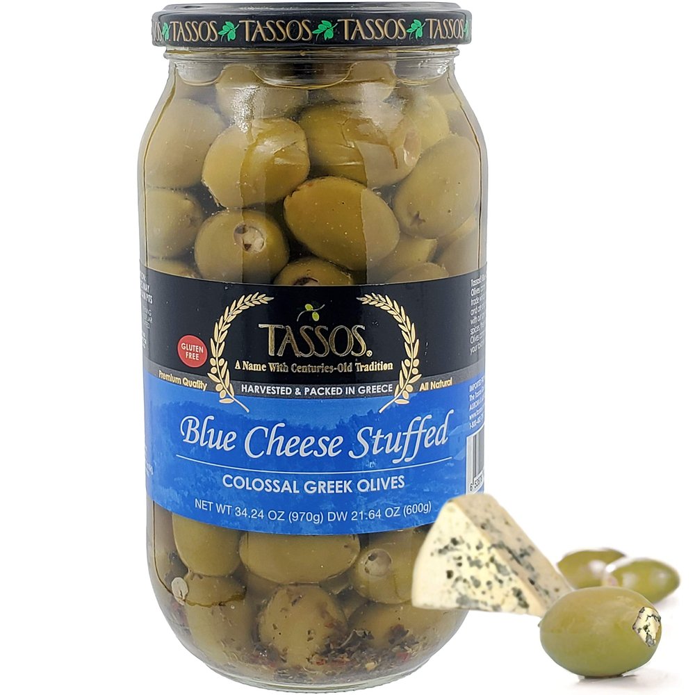 Tassos Blue Cheese Stuffed Colossal Greek Olives Pack In Greece 34.24oz