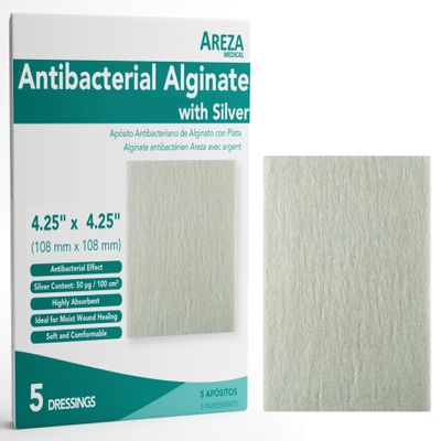 Areza Silver Calcium Alginate Antibacterial Wound Dressing Pads Sterile, Non-Stick, Highly Absorbent; for Wound Drainage & Infection Risk (4.254.25, 5-Pack per Box), 1 Box