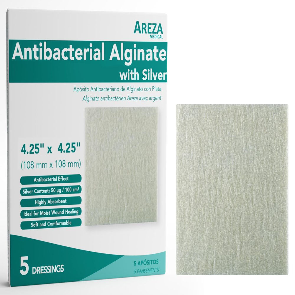 Areza Silver Calcium Alginate Antibacterial Wound Dressing Pads Sterile, Non-Stick, Highly Absorbent; for Wound Drainage & Infection Risk (4.254.25, 5-Pack per Box), 1 Box