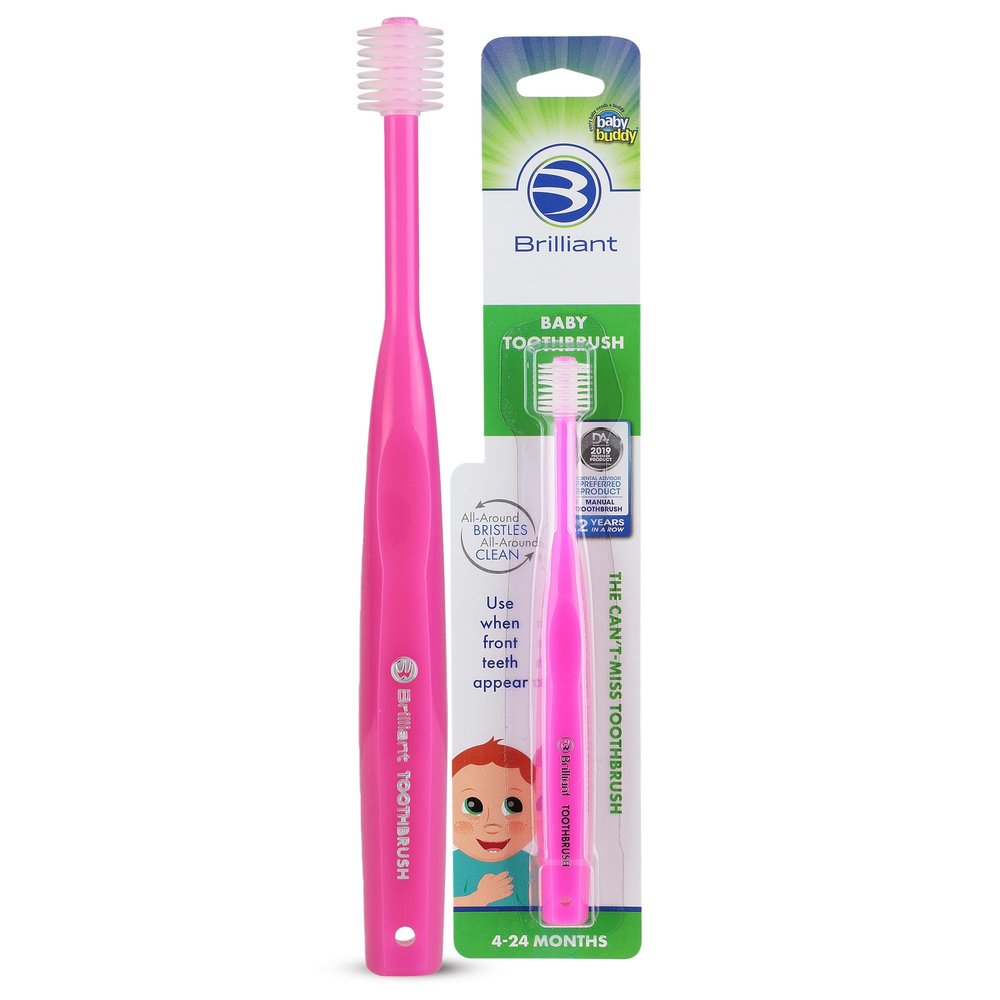 Brilliant Oral Care Baby Toothbrush with Soft Bristles and Round Head, for a Toddler Approved, Easy to Use All-Around Clean Mouth, Ages 0-2 Years, Pink, 1 Pack