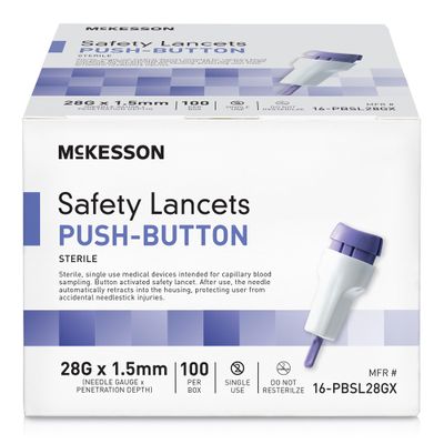 McKesson Lancets for Diabetes Testing [100 Count] Lancing Device for Blood and Glucose Test, 28G x 1.5 mm, Push Button Activation, Sterile, Single Use