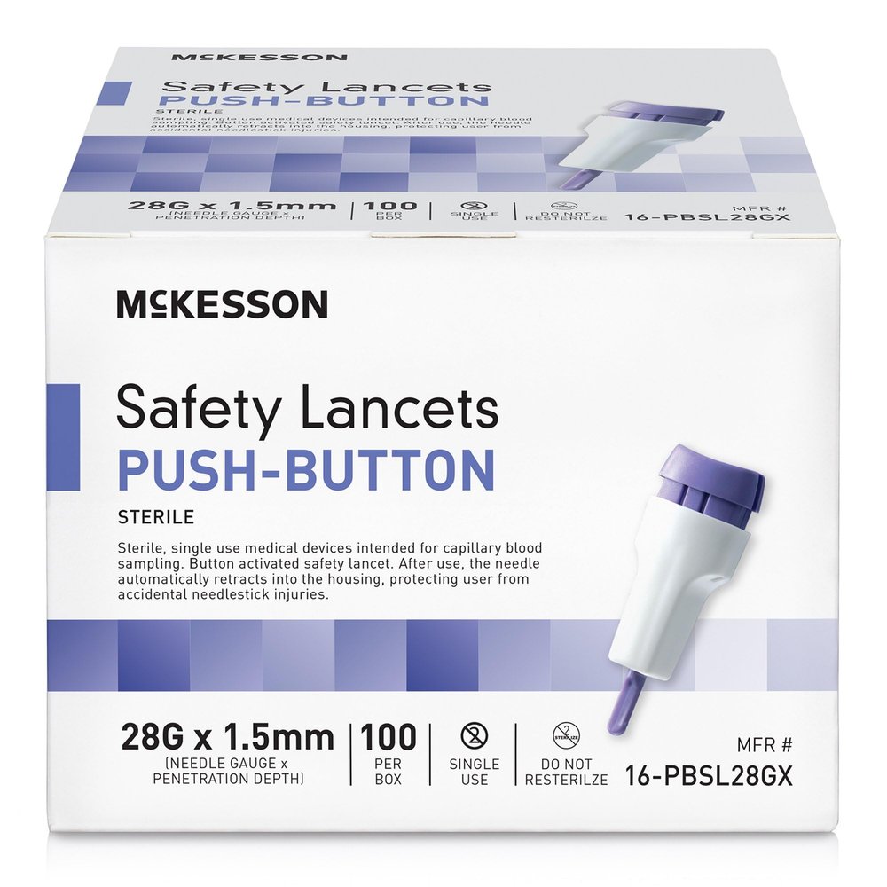 McKesson Lancets for Diabetes Testing [100 Count] Lancing Device for Blood and Glucose Test, 28G x 1.5 mm, Push Button Activation, Sterile, Single Use