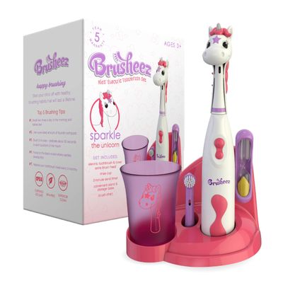 Brusheez Kids Electric Toothbrush Set - Safe & Effective for Ages 3+ - Parent Tested & Approved with Gentle Bristles, 2 Brush Heads, Rinse Cup, 2-Minute Timer, & Storage Base (Sparkle The Unicorn)