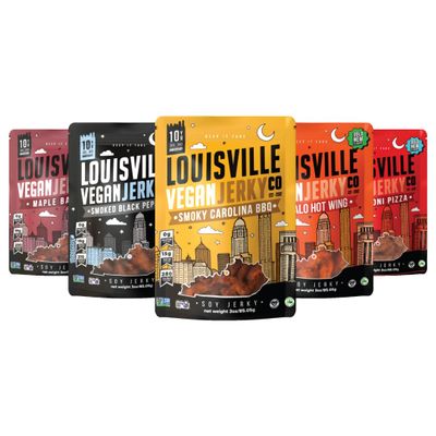 Louisville Vegan Jerky Co. Traditional Variety Bundle Vegan Jerky 3 oz. 5 pack (Smoky Carolina BBQ, Buffalo Hot Wing, Maple Bacon, Pepperoni Pizza, Smoked Black Pepper)