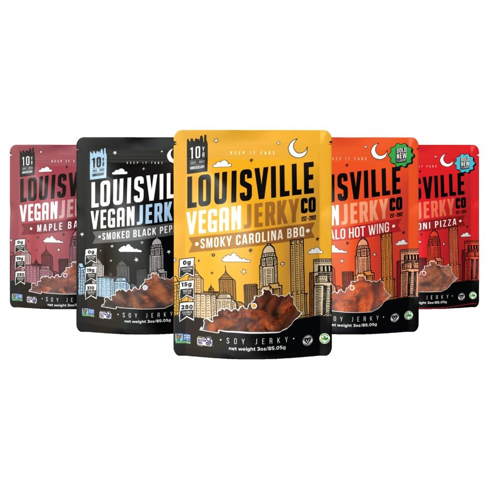 Louisville Vegan Jerky Co. Traditional Variety Bundle Vegan Jerky 3 oz. 5 pack (Smoky Carolina BBQ, Buffalo Hot Wing, Maple Bacon, Pepperoni Pizza, Smoked Black Pepper)