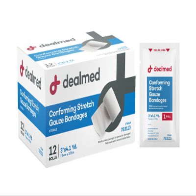 Dealmed 3" Sterile Conforming Stretch Gauze Bandages, 4.1 Yards Latex Free Stretched Dressing Wrap, Medical Non-Adherent Wound Care Mesh Bandages (Box of 12 Rolls)