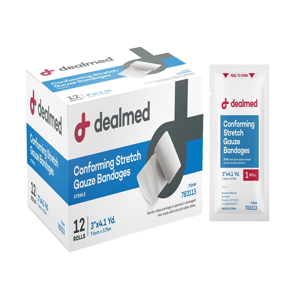 Dealmed 3" Sterile Conforming Stretch Gauze Bandages, 4.1 Yards Latex Free Stretched Dressing Wrap, Medical Non-Adherent Wound Care Mesh Bandages (Box of 12 Rolls)