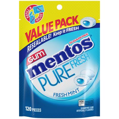 Mentos Pure Fresh Sugar-Free Chewing Gum with Xylitol, Fresh Mint, 120 Piece Resealable Bag (Pack of 1)