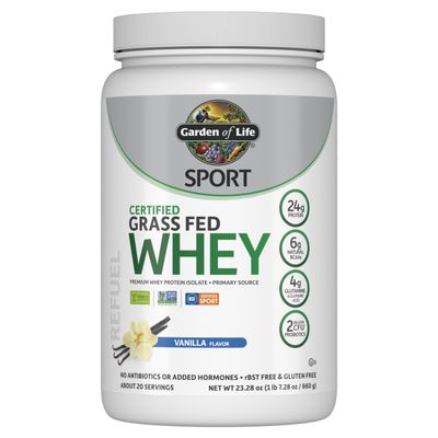 Garden of Life SPORT Whey Protein Powder Vanilla, Premium Grass Fed Whey Protein Isolate plus Probiotics for Immune System Health, 24g Protein, Non GMO, Gluten Free, Cold Processed - 20 Servings