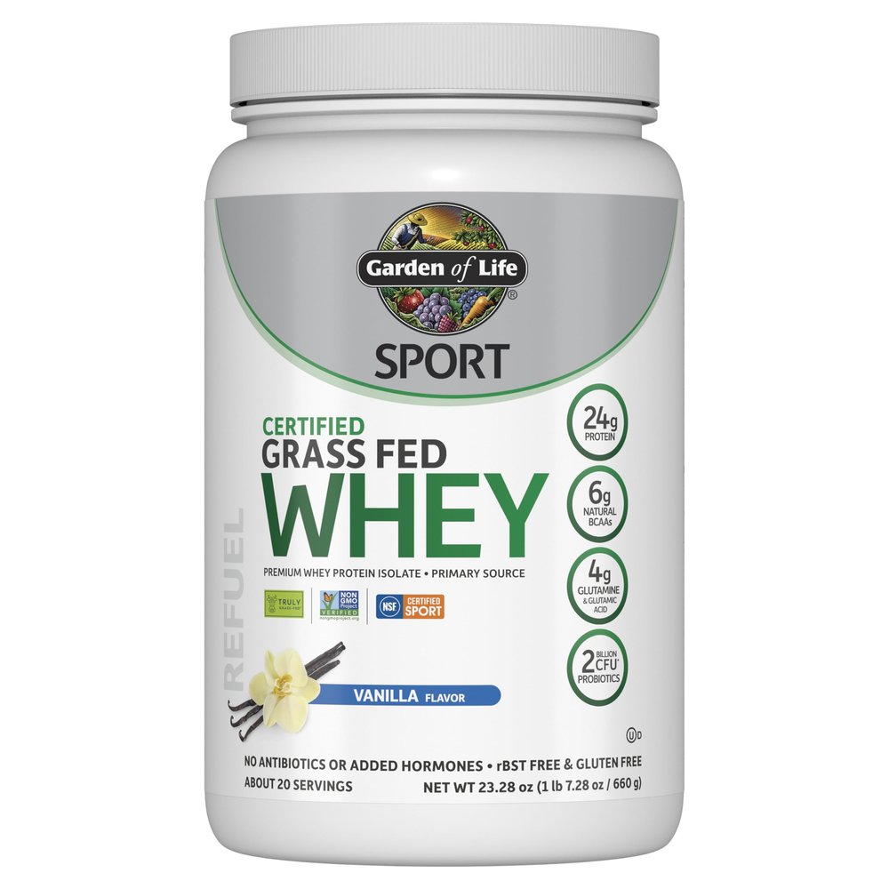 Garden of Life SPORT Whey Protein Powder Vanilla, Premium Grass Fed Whey Protein Isolate plus Probiotics for Immune System Health, 24g Protein, Non GMO, Gluten Free, Cold Processed - 20 Servings