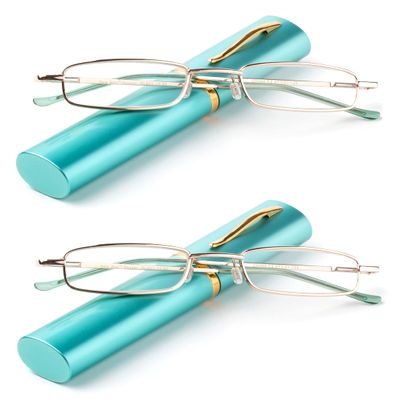 2 Packs Nebee Fashion Pocket Readers Ultra Slim Compact Reading Glasses Spring Temple w/Portable Nebee Fashion Pocket Clip Aluminum Case Teal +2.50