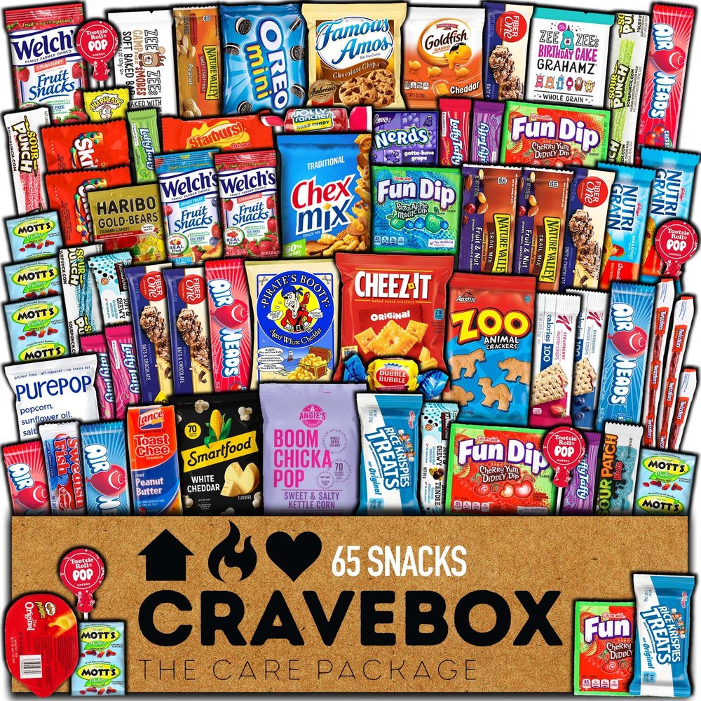 CRAVEBOX Snacks Variety Pack for Adults (65 Count) Valentines Candy Cookies Chips Care Package - Gifts for Men Birthday Boys Guys Girls Women - Snack Box for Kids