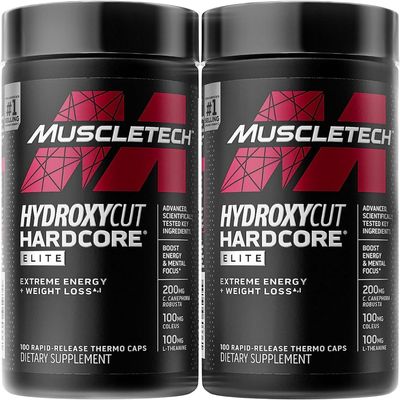 Hydroxycut Hardcore Elite - 100 Rapid-Release Thermo Caps - Energy & Focus - for Men & Women - 50 Servings (Pack of 2)