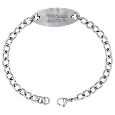 Surgical Stainless Steel Medical Alert Penicillin Allergy Bracelet 9/16 inch Wide, up to 9 inch Long