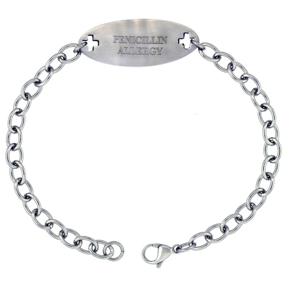 Surgical Stainless Steel Medical Alert Penicillin Allergy Bracelet 9/16 inch Wide, up to 9 inch Long