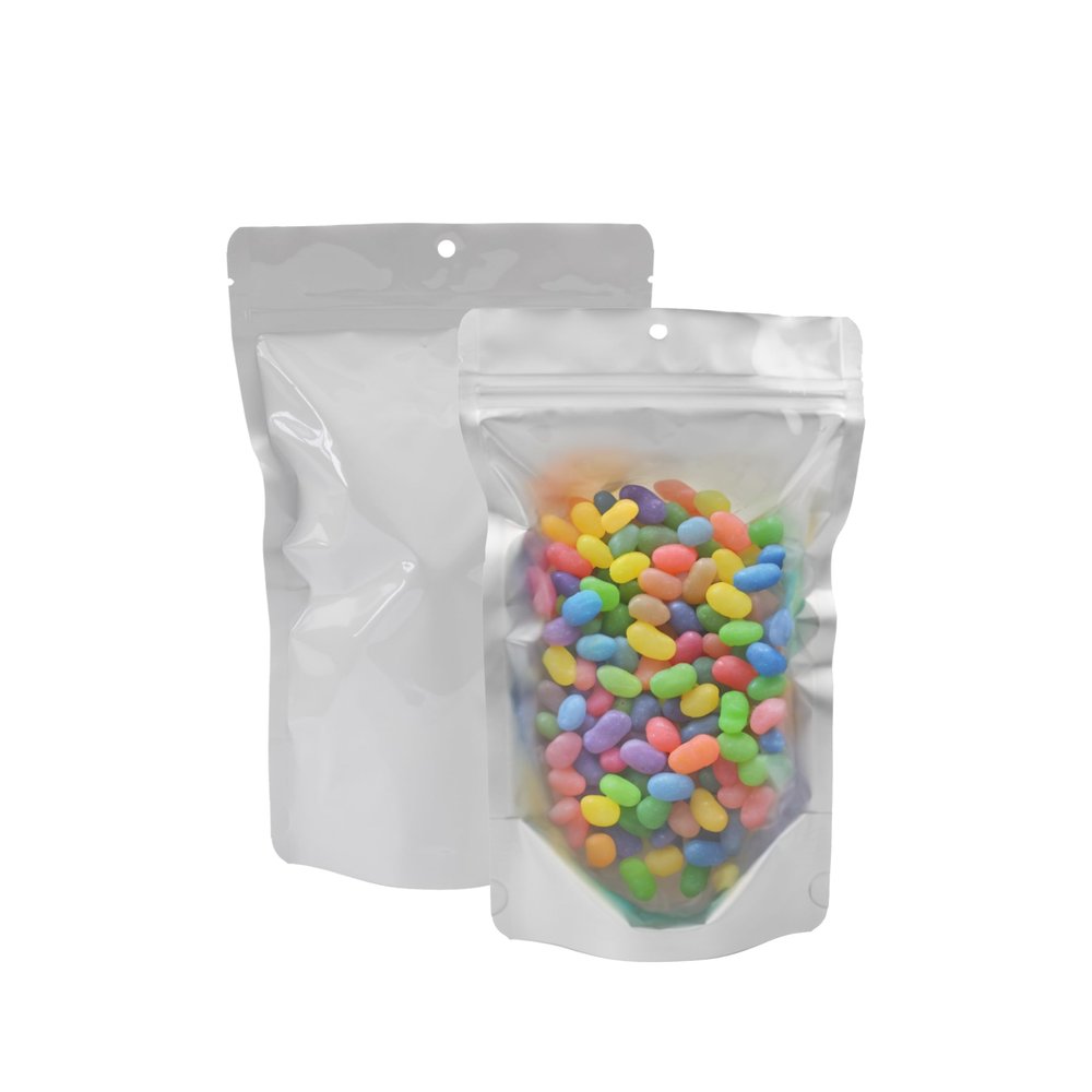PackFreshUSA: 5 Mil White/Clear Stand Up Pouch Bags - Professional Flexible Packaging - Resealable - Seal-Top - Heat-Sealable - Hang Hole - Tear Notch - Large 6 x 9.5 x 3.5 in. - 100 Pack