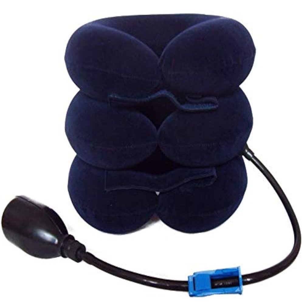 Bargain Crusader Upgraded Version Premium Flannel Inflatable Cervical Neck Traction Air Inflatable Pillow Neck Head Stretcher Pain Relief Collar (for Adults, Dark Blue)