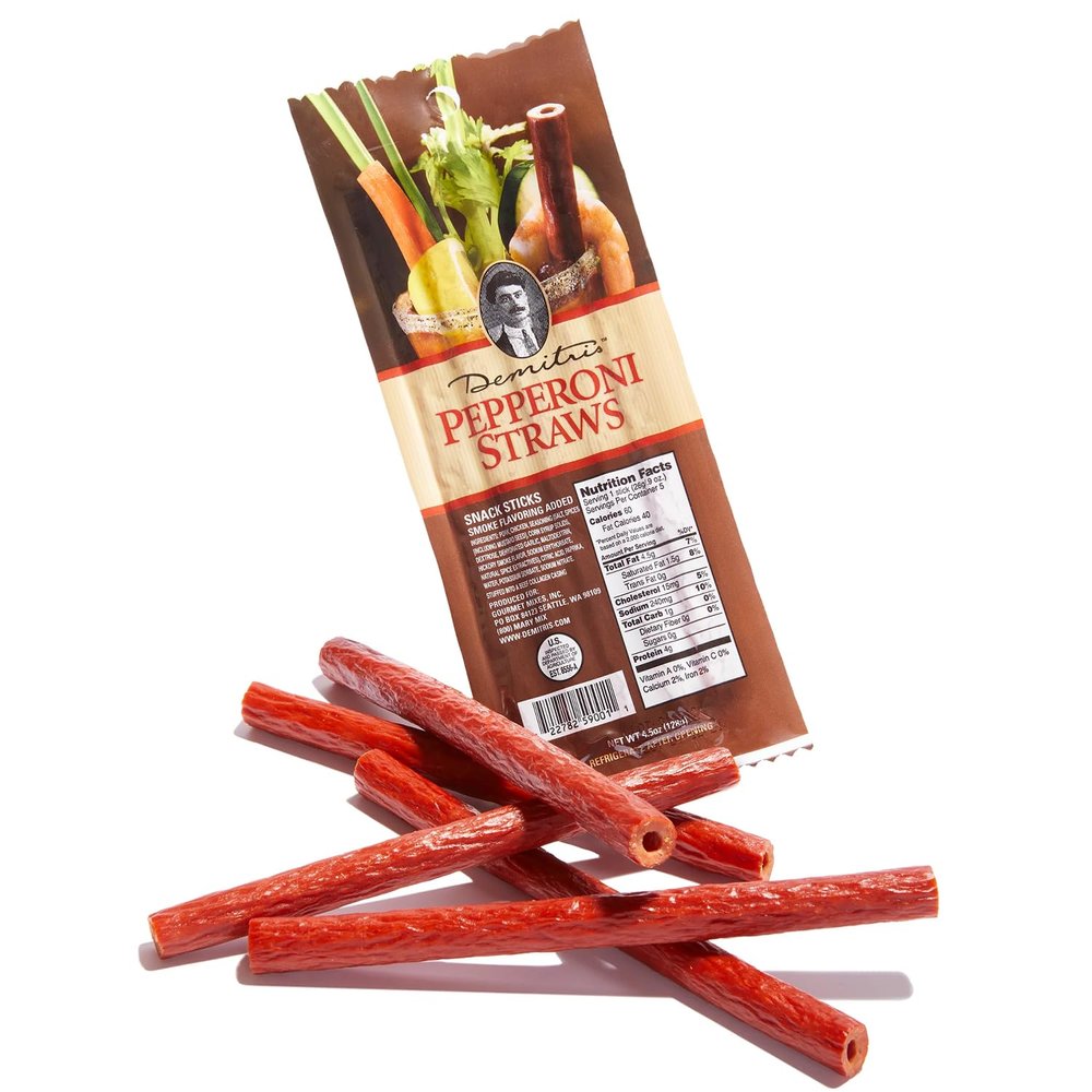 Demitri's Bloody Mary Pepperoni Straws - Smoky Edible Straw Made With Pork and Chicken - Cocktail Garnish Snack - Perfect for Brunch Drinks or Parties - Pepperoni Stick, 5 Pepperoni Straws (Pack of 1)