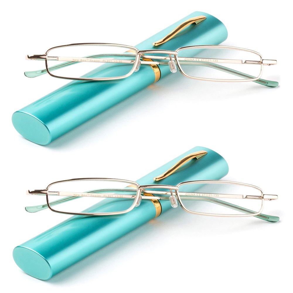 2 Packs Nebee Fashion Pocket Readers Ultra Slim Compact Reading Glasses Spring Temple w/Portable Nebee Fashion Pocket Clip Aluminum Case Teal +1.75