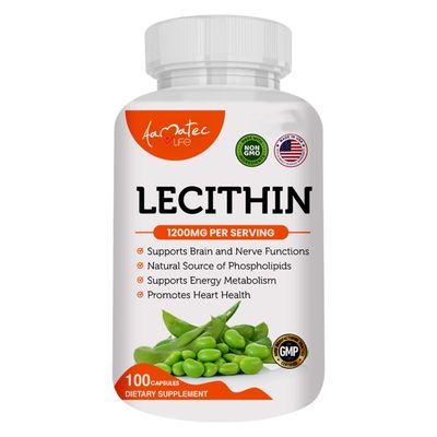 AAMATEC LIFE Soy Lecithin 1200mg Capsules Supplement for Heart, Liver & Brain Health  Supports Immune System, Brain Function & Metabolism - Non-GMO & Made in The USA- 100 Capsules / 1200mg