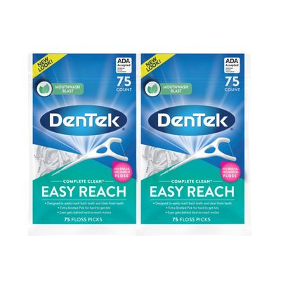 DenTek Complete Clean Easy Reach Floss Picks, Advanced Fluoride Coating, Mouthwash Blast Flavor, 75 ct. (Pack of 2)