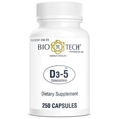 Bio-Tech Pharmacal D3-5 (5000 IU), 250 Capsules  All-Natural Supplement  Supports Bone & Immune Health  No Dairy, Fish, Gluten, Peanut, Shellfish, & Soy  No Artificial Colors