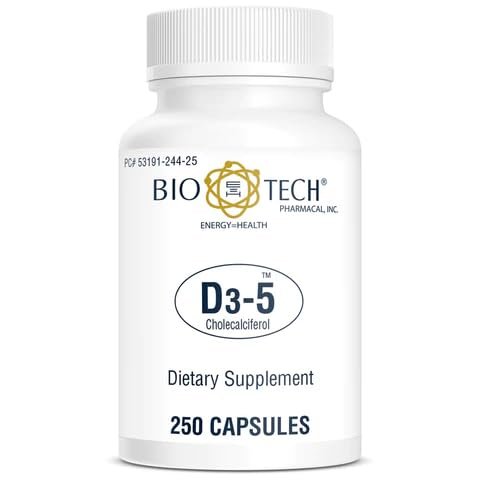 Bio-Tech Pharmacal D3-5 (5000 IU), 250 Capsules  All-Natural Supplement  Supports Bone & Immune Health  No Dairy, Fish, Gluten, Peanut, Shellfish, & Soy  No Artificial Colors