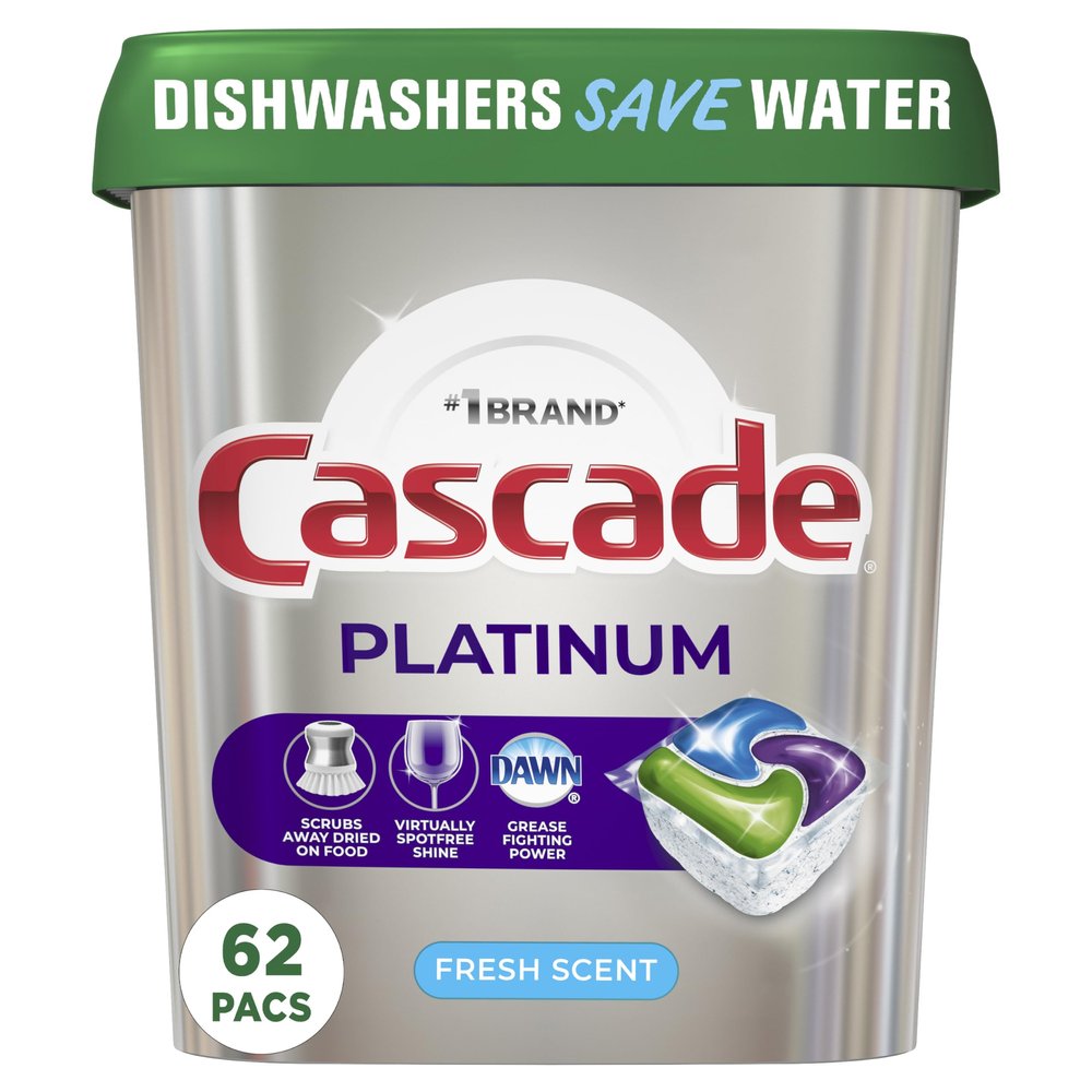 Cascade Platinum Dishwasher Pods, Dishwasher Detergent, Actionpacs, Fresh, 62 Count