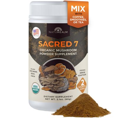 Sacred 7 Mushroom Powder Supplement, 7-in-1 Blend (60 Day Supply) | Immune Defense, Focus & Energy Support | Coffee Enhancer | Lions Mane, Reishi, Chaga | Organic 100% Fruiting Body Extract