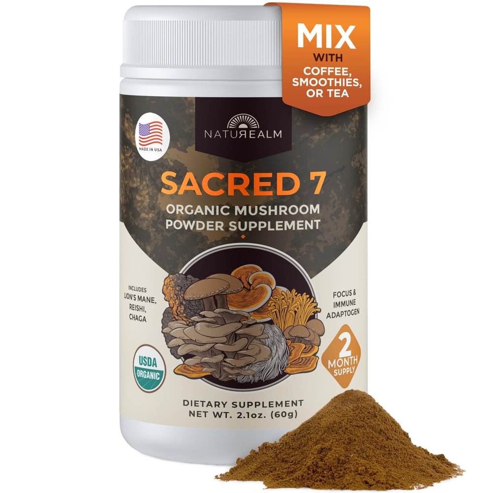 Sacred 7 Mushroom Powder Supplement, 7-in-1 Blend (60 Day Supply) | Immune Defense, Focus & Energy Support | Coffee Enhancer | Lions Mane, Reishi, Chaga | Organic 100% Fruiting Body Extract