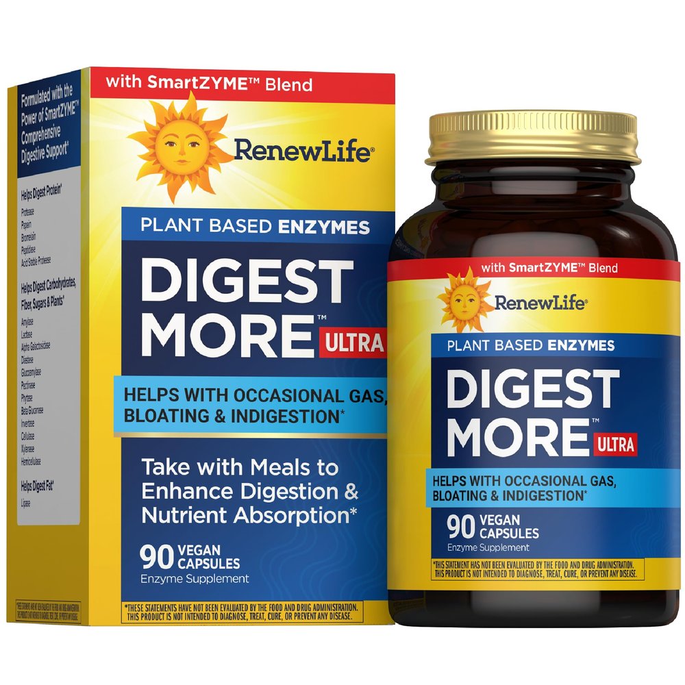 Renew Life Adult DigestMore Ultra Enzymes - Ultra-Strength Plant-Based Digestive Enzyme Formula for Men & Women - 90 Vegetarian Capsules