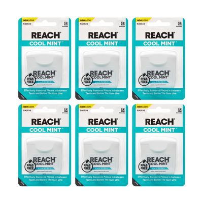 REACH Cool Mint Dental Floss, Fresh Mint, Plaque Remover for Teeth, Shred Resistant, Waxed, Easy on Gums & Teeth, Fresh Breath, Oral Care, PFAS Free, for Adults & Kids, 6 Pack, 55 yd