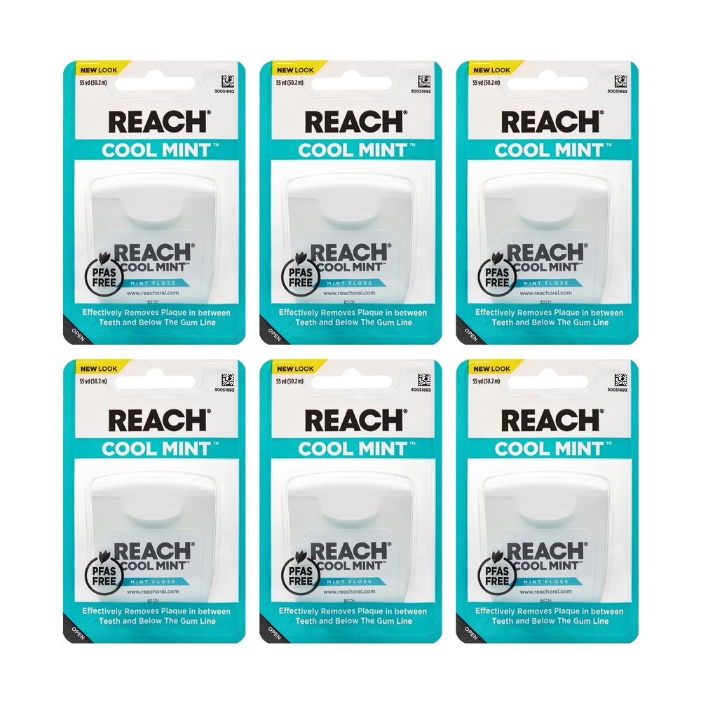 REACH Cool Mint Dental Floss, Fresh Mint, Plaque Remover for Teeth, Shred Resistant, Waxed, Easy on Gums & Teeth, Fresh Breath, Oral Care, PFAS Free, for Adults & Kids, 6 Pack, 55 yd