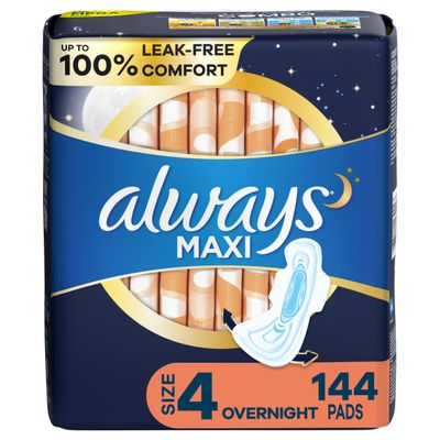 Always Maxi Overnight Pads with Wings, Size 4, Overnight, Unscented, 144 CT