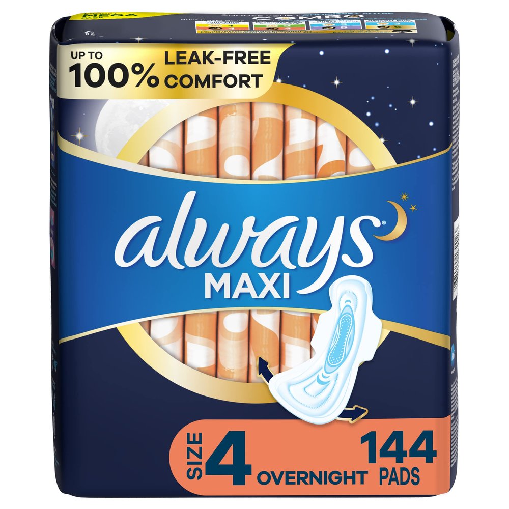 Always Maxi Overnight Pads with Wings, Size 4, Overnight, Unscented, 144 CT