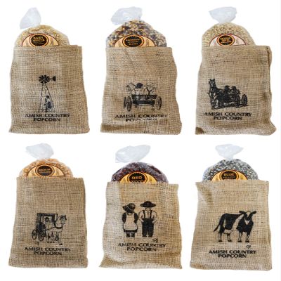 Amish Country Popcorn | 6-2 lb Bags | 12 lb Burlap Variety Set | Blue - Medium White - Medium Yellow - Baby White - Rainbow - Red Popcorn Kernels | (Burlap Variety Set - 6-2 lb Bags)