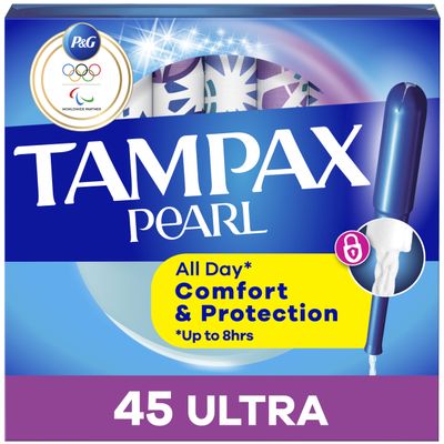 Tampax Pearl Tampons for Women, with LeakGuard Braid, Ultra Absorbency, Unscented, 45 Count