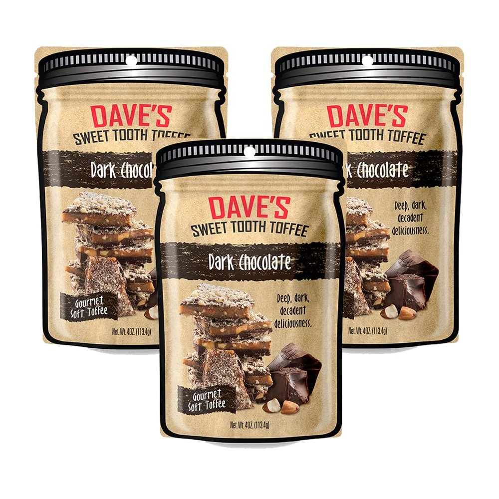 Dave's Sweet Tooth Toffee - Dark Chocolate Toffee Gift Set (4 oz. x 3) - Handmade & Homemade Dark Chocolate Gourmet Soft Toffee with Real Butter, Real Sugar, Hand-Sliced Almonds, Naturally Gluten-Free
